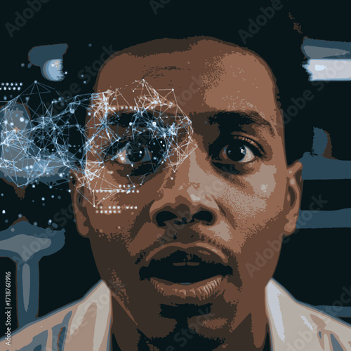 A surprised man's eye is digitally augmented with a glowing network, symbolizing the immersive and transformative impact of advanced technology and artificial intelligence.
