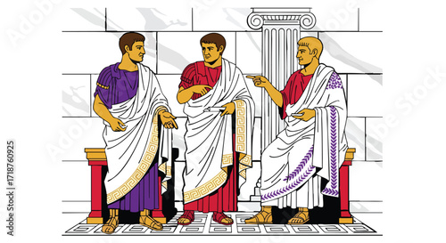 Three ancient Roman men discussing history vector illustration art empire toga philosophy debate culture