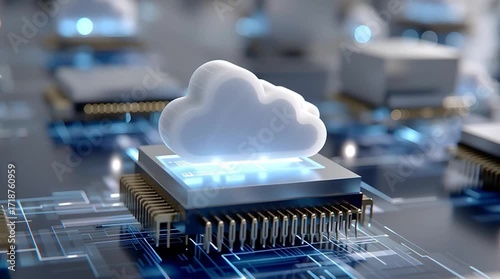 Cloud computing concept with a white cloud on a processor chip and circuit board background design