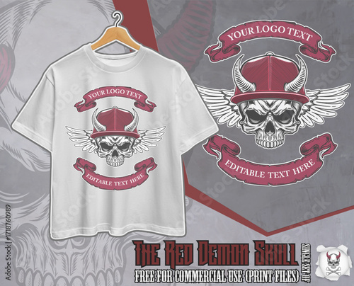 Horned Skull with Wings and Banner – Gothic Streetwear Logo Template (red variation)