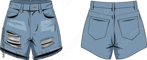 Blue ripped denim shorts, distressed jean shorts front and back, casual women fashion illustration, stylish clothing design, vector apparel template