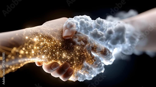 A digital handshake with glowing connections and cloud like smoke on a black background