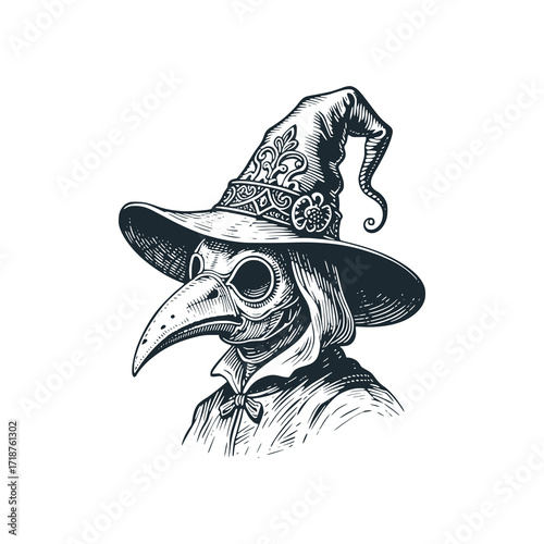 Plague doctor become a witch - black and white vector illustration.
