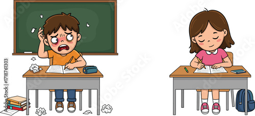 Stressed boy struggling with school exam, calm girl writing test, classroom learning, children education stress, academic pressure, study habits, student emotions
