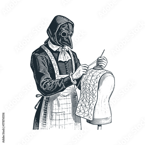 Plague doctor become a tailor - black and white vector illustration.
