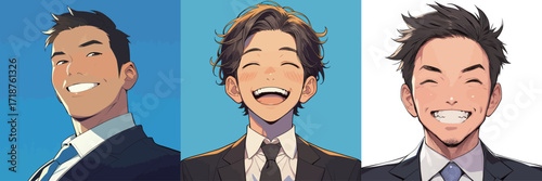 Three young men in suits are smiling widely against bright blue and white backgrounds, showcasing their happiness and confidence. Each has a unique hairstyle and expression.