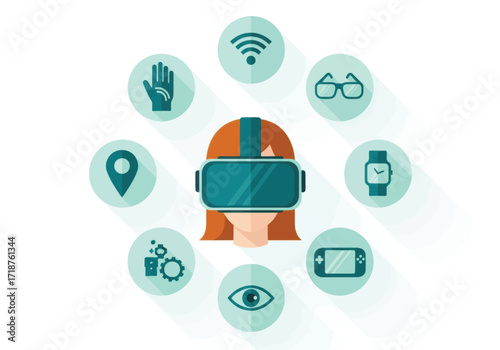Vector illustration of illustration of person wearing vr headset surrounded by technology icons
