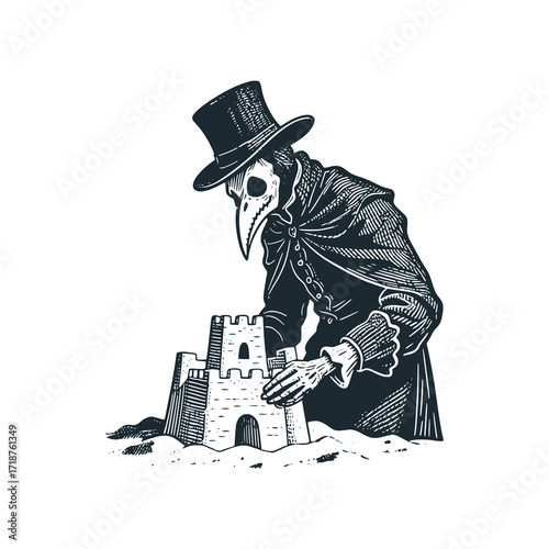 Plague doctor  building a sandcastle - black and white vector illustration.