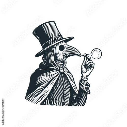 Plague doctor blowing bubbles - black and white vector illustration.
