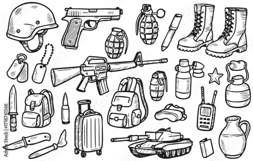 Hand Drawn Military Equipment Doodle Collection Isolated on Transparent Background, Generative AI