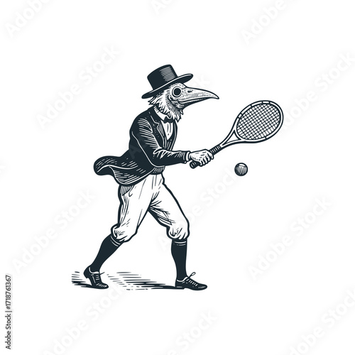 Medieval Plague Doctor playing tennis