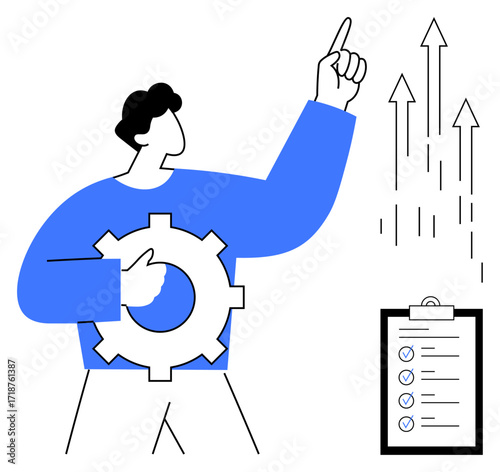 Person holding gear and pointing upward, rising arrows symbolize growth, checklist signifies organization. Ideal for business, strategy, productivity, success, planning teamwork innovation. Simple