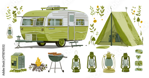 
A vector clipart illustration in a flat design, depicting a cute camping set with a green color scheme.