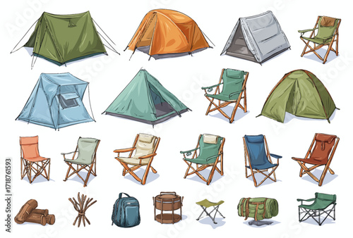 Camping equipment, tents, camping chairs, and other products for outdoor activities are set in a vector illustration on a white background with icons for web design, advertising, print material.