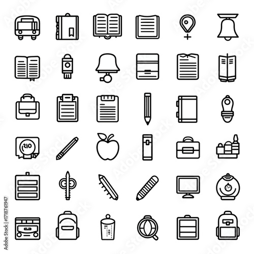 
simple line icons, school theme, black outline on white background, flat design, simple shapes, education symbols like book bell bus pencil bulb eraser compass backpack satchel.