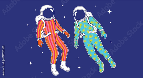 Vibrant cartoon astronauts in patterned suits float through space Retro Cosmos Exploration Science Fun Bright