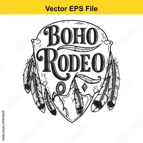 Boho rodeo emblem with feathers, isolated on white background