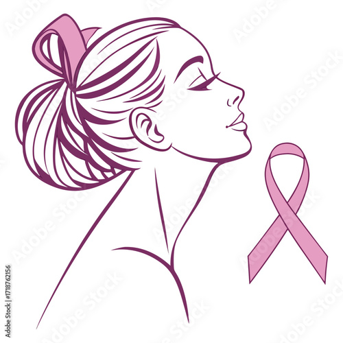 Breast Cancer Awareness Pink Ribbon with Woman Silhouette – Minimal Vector Design for Health Campaign and Charity Poster