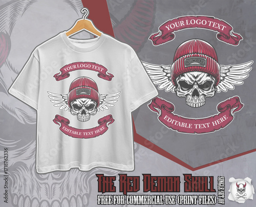 Winged Skull Logo with Beanie Hat – Editable Skateboard T-Shirt Design (red variation)
