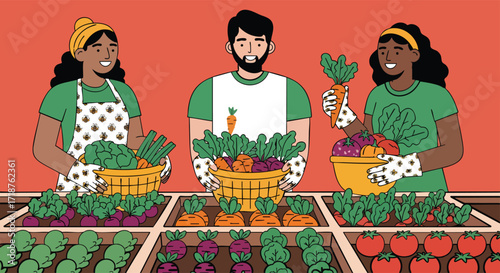 Diverse people harvesting fresh organic vegetables from garden farming happy healthy nature illustration vector produce food