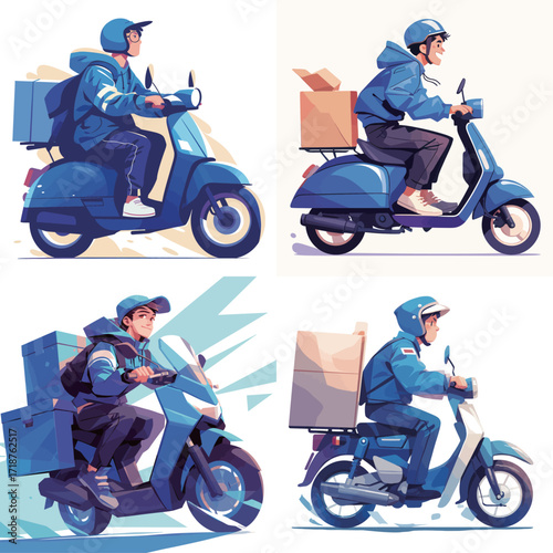 Riders wearing blue gear navigate busy streets on scooters, delivering packages. Each rider carries boxes, showcasing efficient urban delivery during the day.
