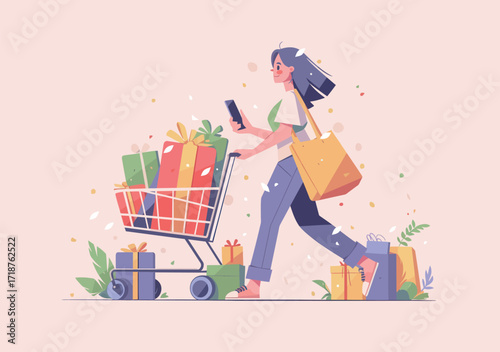 A young woman pushes a shopping cart filled with colorful presents while looking at her phone. She walks in a lively atmosphere with gifts and decorations around her.