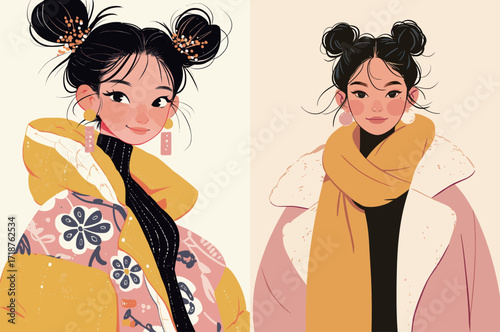A young woman displays two trendy winter outfits, featuring bold colors and elegant accessories. She radiates confidence and style in a cozy urban atmosphere.