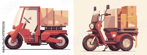 Two distinct delivery vehicles are shown side by side, both designed for transporting goods in urban areas. These vehicles have a compact design and cargo space for efficiency.