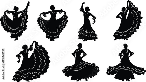 Flamenco dance silhouettes, traditional Spanish dancers performing in cultural dresses, artistic vector illustration of women, folk style choreography, elegant movement expression