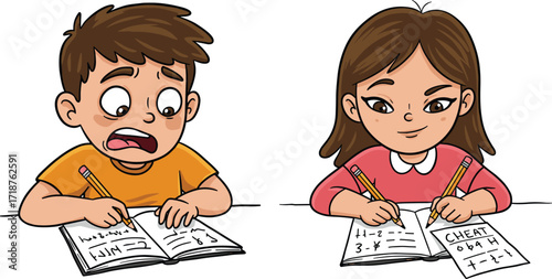 Cartoon school kids doing homework, boy struggling with math, girl cheating with notes, education illustration, classroom learning, student stress, study habits