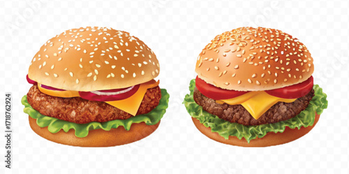 realistic tasty beef burger set in different style isolated on transparent background
