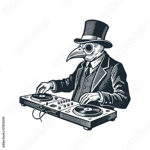 Medieval Plague Doctor as disk jockey