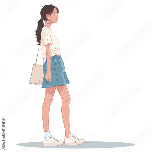 A young woman is standing confidently in a casual outfit. She wears a simple white t-shirt paired with a denim skirt and white sneakers.