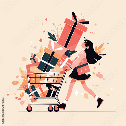 A girl is joyfully pushing a shopping cart filled with vibrant wrapped gifts. The background features soft colors and decorative elements, creating a festive atmosphere.