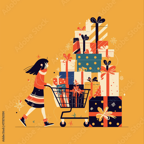 A young girl pushes a shopping cart overflowing with colorful, wrapped presents while smiling. The scene is cheerful and festive, set against a vibrant yellow backdrop.