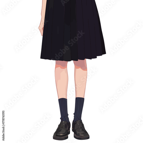 Person is dressed in a pleated black skirt, dark socks, and shoes. The focus is on the lower body, emphasizing fashion and style features in a minimalistic setting.