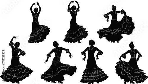 Flamenco dance silhouettes, traditional Spanish women dancers performing in cultural dresses, artistic vector illustration, folk dance style, elegant expressive movement