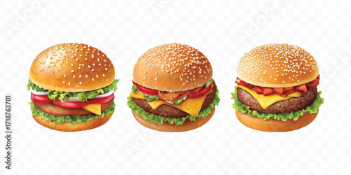 realistic tasty beef burger set in different style isolated on transparent background