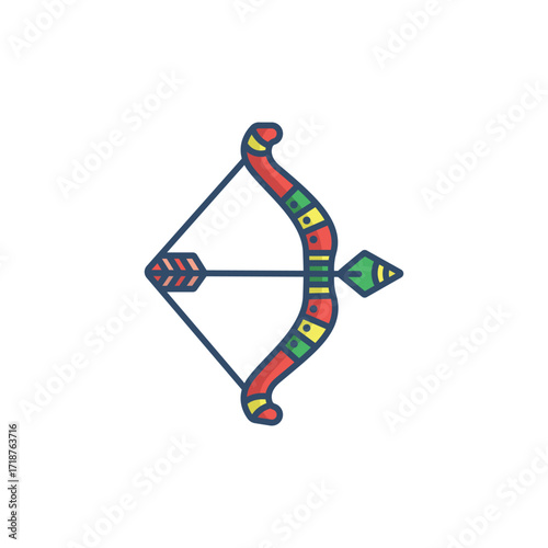 A colorful bow and arrow with a red green and yellow decorated arc and a blue string. Icon vector illustration