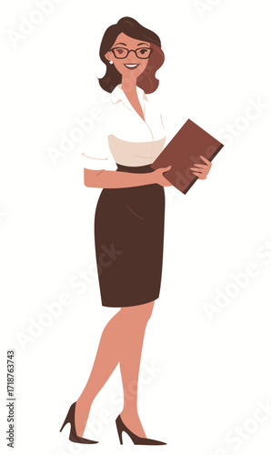 A confident woman in a white blouse and pencil skirt stands in an office, holding a book. She has glasses and a friendly smile, exuding professionalism.