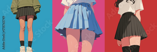 Three young women show off various pleated skirts in bright colors, each paired with casual tops. The backgrounds feature bold, contrasting colors that enhance the playful vibe.