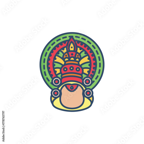 A colorful stylized theyyam mask features concentric shapes and a green circular border. Icon vector illustration