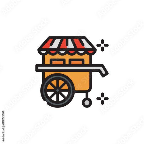 A food cart with a red and white striped awning and one visible wheel. Icon vector illustration