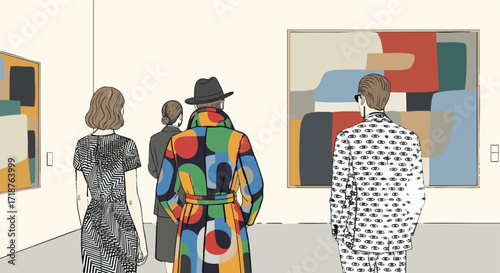 Stylishly dressed individuals admiring abstract artwork in a contemporary museum illustration fashion vibrant diverse culture exhibition art gallery modern design unique