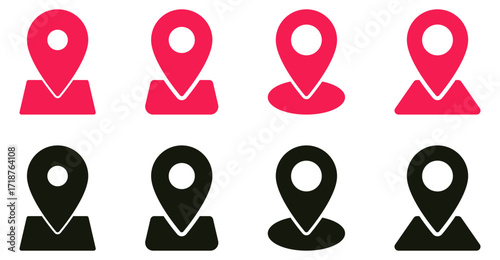 Set of location icon, map pin icons in outline, black, and red styles. for maps, GPS, navigation apps, location markers, address indications, and geolocation interfaces