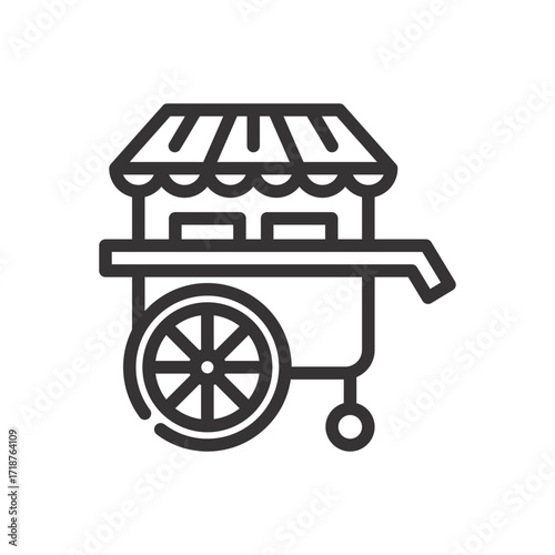 A line drawing of a food cart with a striped canopy and spoked wheel. Icon vector illustration