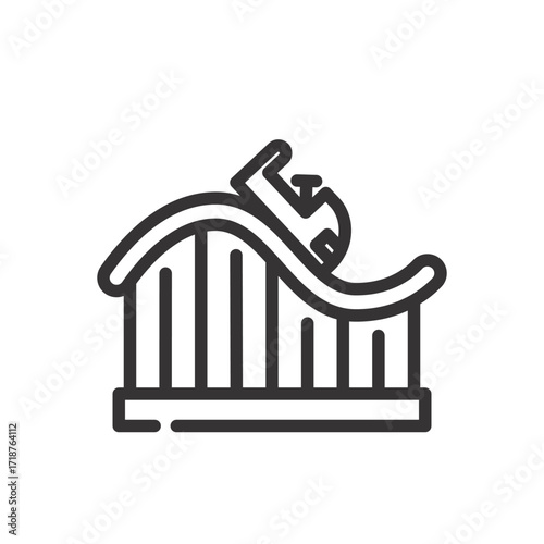 A line drawing of a roller coaster with a car at the apex of a hill The structure has multiple supports. Icon vector illustration