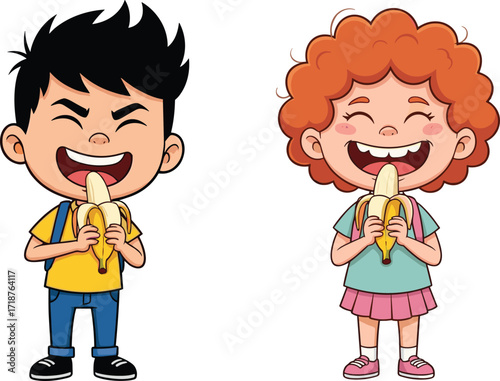 Happy kids eating bananas, boy and girl holding fruit, healthy snack illustration, cartoon children smiling, nutrition education, school lunch concept, lifestyle