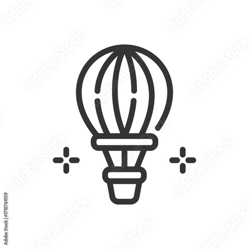 A linear blackandwhite illustration of a hot air balloon accompanied by two stylized fourpointed stars. Icon vector illustration