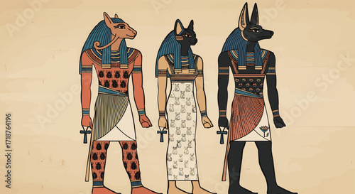 Ancient Egyptian gods Anubis Bastet Sekhmet traditional iconography illustration Mythology Egypt culture history vector divine